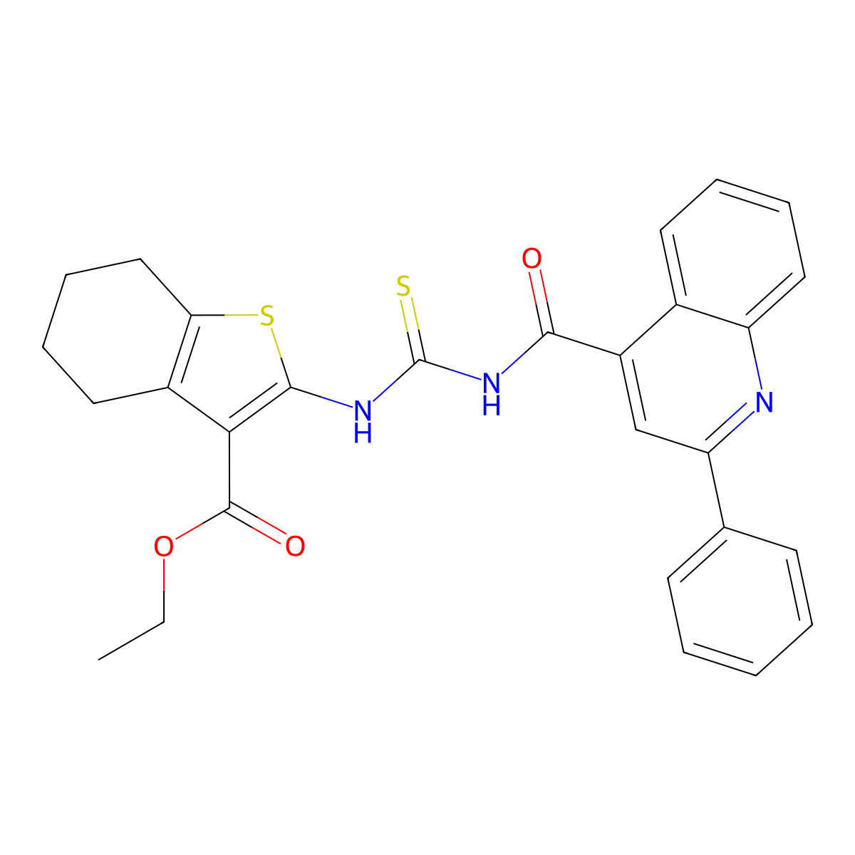 Ethyl 2-[(2-phenylquinoline-4-carbonyl)carbamothioylamino]-4,5,6,7-tetrahydro-1-benzothiophene-3-carboxylate molecular structure, CAS 445237-59-2