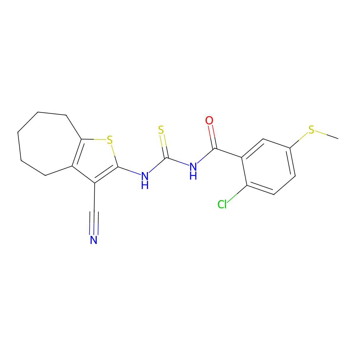 2-chloro-N-[(3-cyano-5,6,7,8-tetrahydro-4H-cyclohepta[b]thiophen-2-yl)carbamothioyl]-5-methylsulfanylbenzamide molecular structure, CAS 445237-68-3