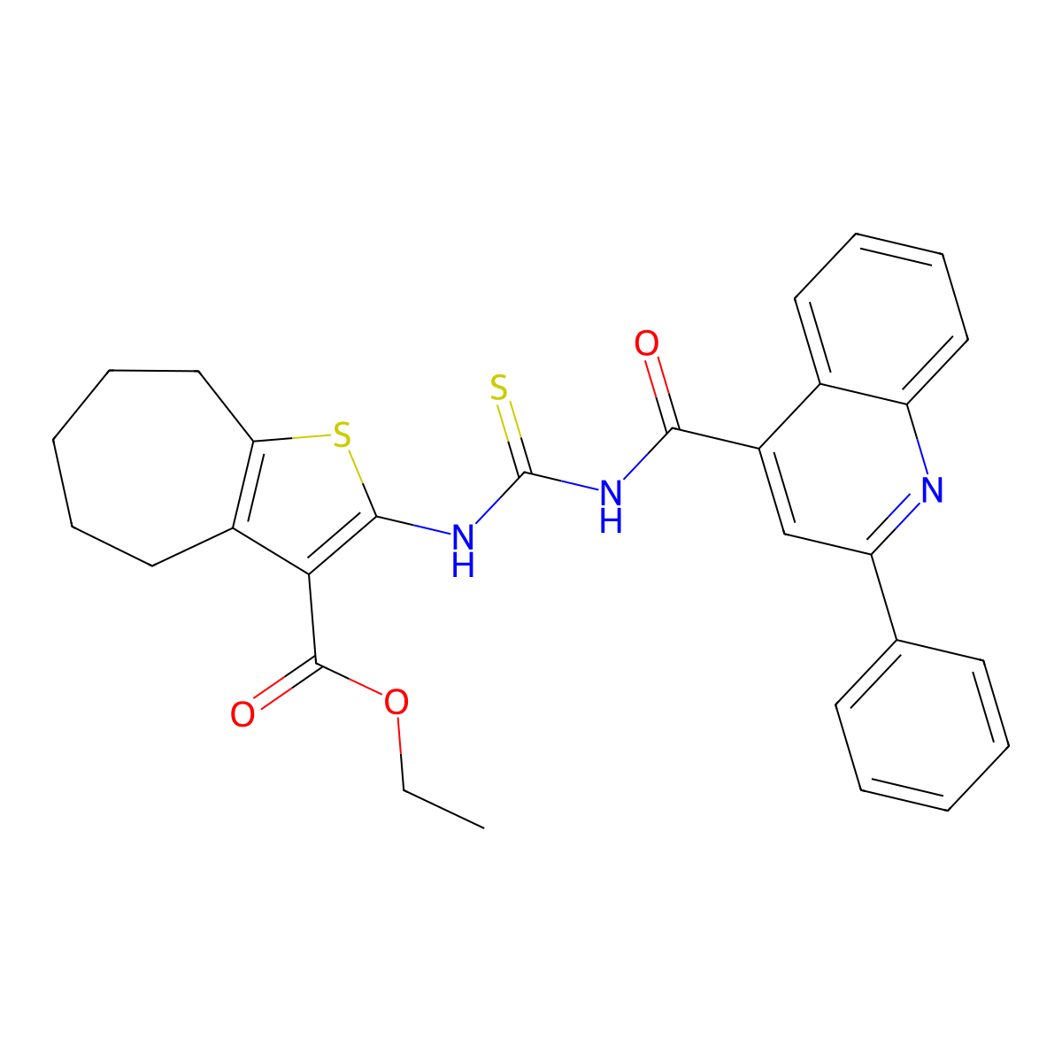 ethyl 2-[(2-phenylquinoline-4-carbonyl)carbamothioylamino]-5,6,7,8-tetrahydro-4H-cyclohepta[b]thiophene-3-carboxylate molecular structure, CAS 445237-73-0