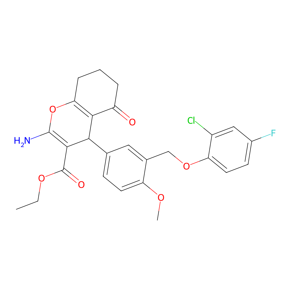 ethyl 2-amino-4-{3-[(2-chloro-4-fluorophenoxy)methyl]-4-methoxyphenyl}-5-oxo-5,6,7,8-tetrahydro-4H-chromene-3-carboxylate molecular structure, CAS 445237-74-1