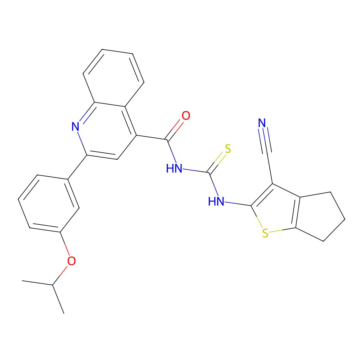 N-[(3-cyano-5,6-dihydro-4H-cyclopenta[b]thiophen-2-yl)carbamothioyl]-2-(3-propan-2-yloxyphenyl)quinoline-4-carboxamide molecular structure, CAS 445237-76-3