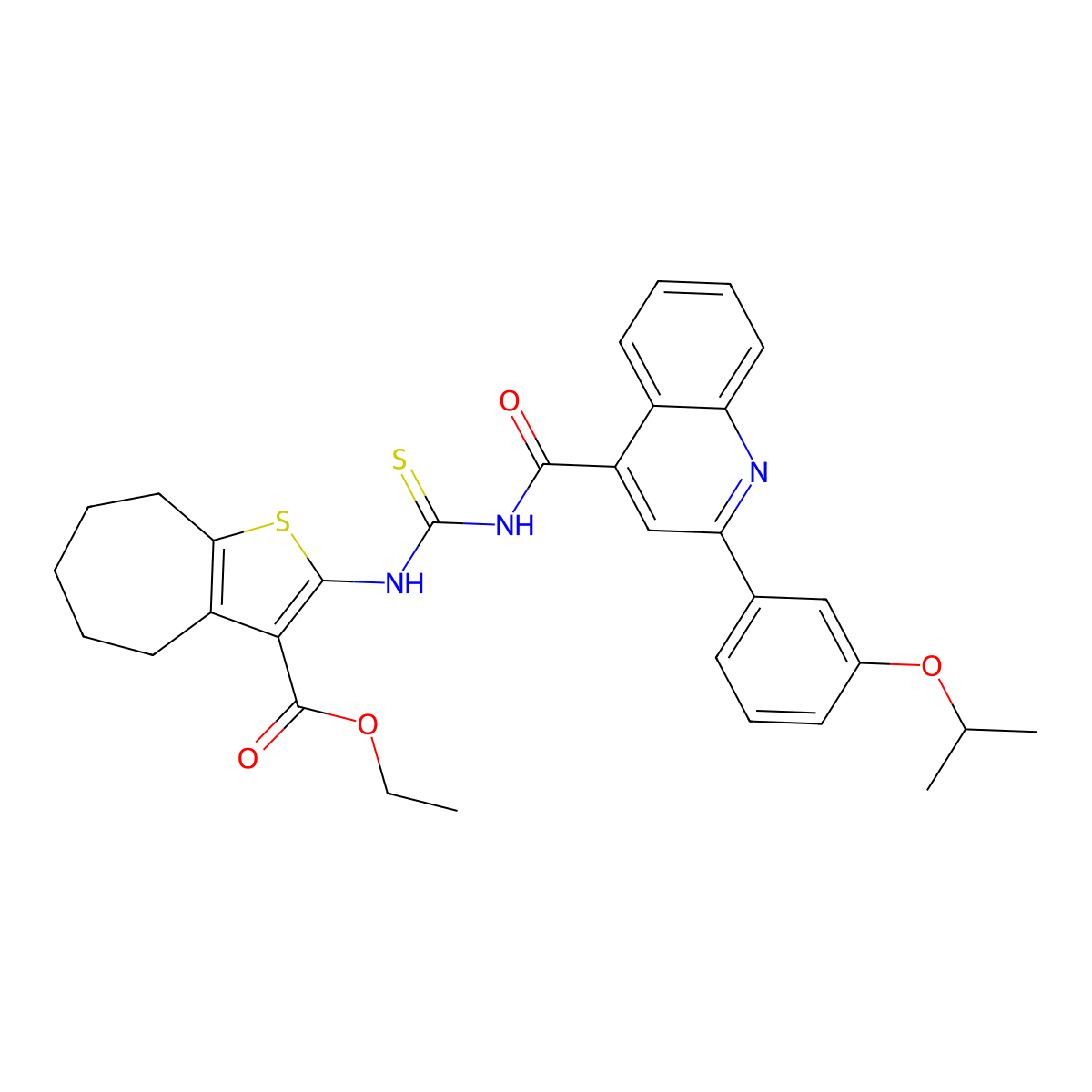ethyl 2-{[({[2-(3-isopropoxyphenyl)-4-quinolinyl]carbonyl}amino)carbothioyl]amino}-5,6,7,8-tetrahydro-4H-cyclohepta[b]thiophene-3-carboxylate molecular structure, CAS 445237-78-5