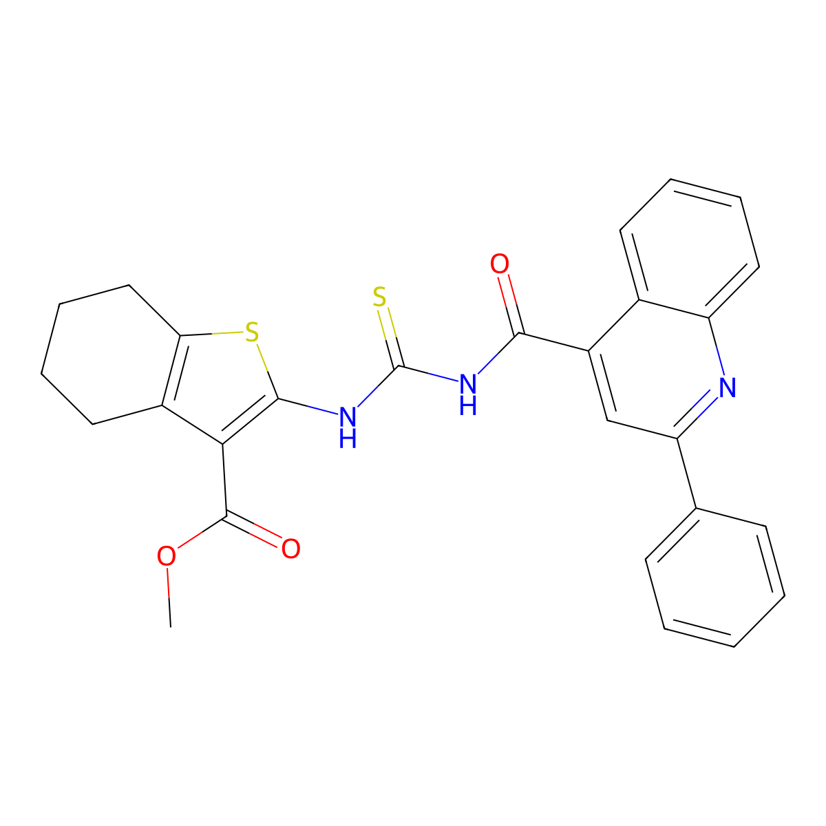 Methyl 2-[(2-phenylquinoline-4-carbonyl)carbamothioylamino]-4,5,6,7-tetrahydro-1-benzothiophene-3-carboxylate molecular structure, CAS 445237-80-9