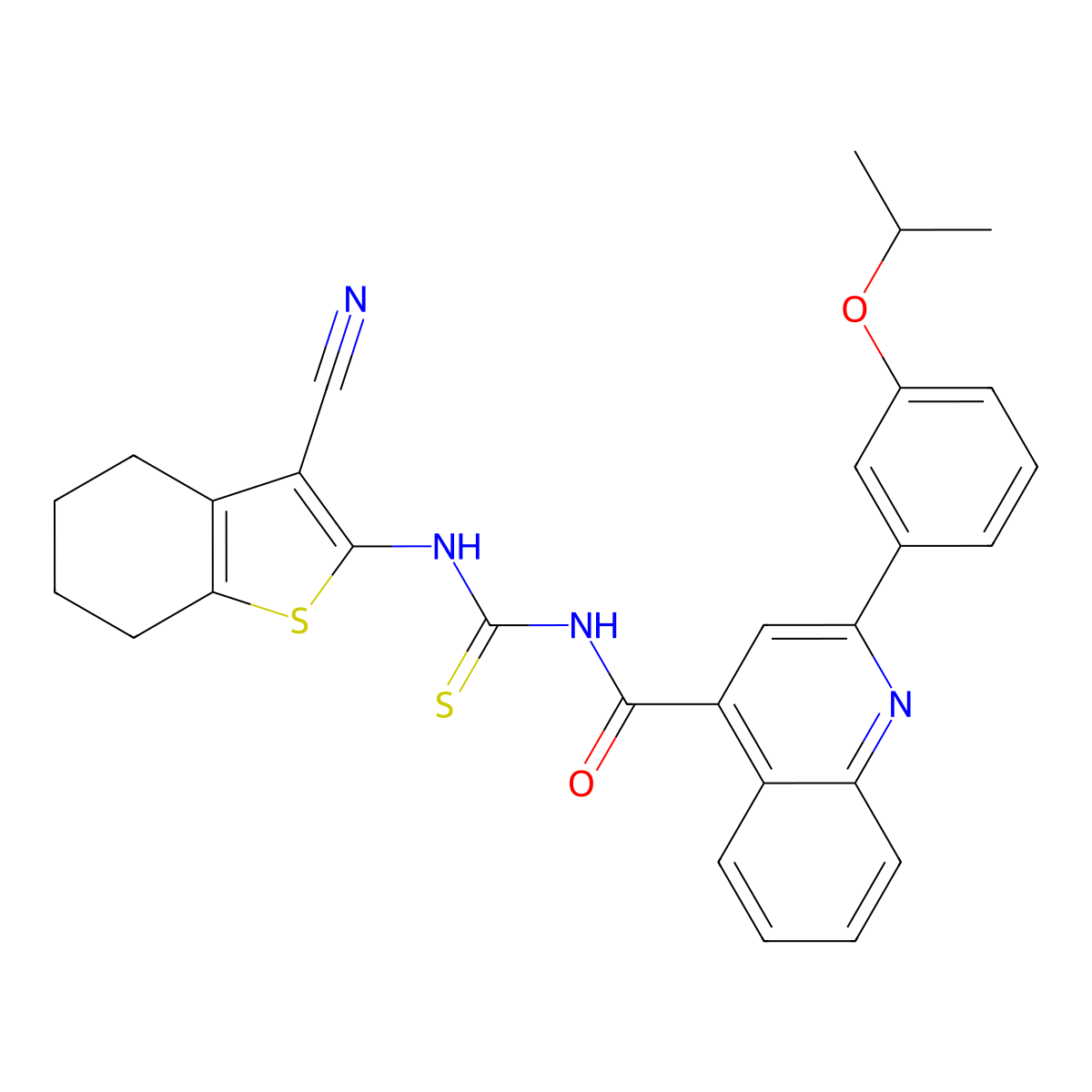 N-[(3-cyano-4,5,6,7-tetrahydro-1-benzothiophen-2-yl)carbamothioyl]-2-(3-propan-2-yloxyphenyl)quinoline-4-carboxamide molecular structure, CAS 445237-81-0