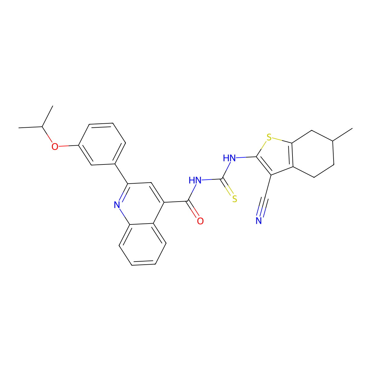 N-[(3-cyano-6-methyl-4,5,6,7-tetrahydro-1-benzothiophen-2-yl)carbamothioyl]-2-(3-propan-2-yloxyphenyl)quinoline-4-carboxamide molecular structure, CAS 445237-85-4