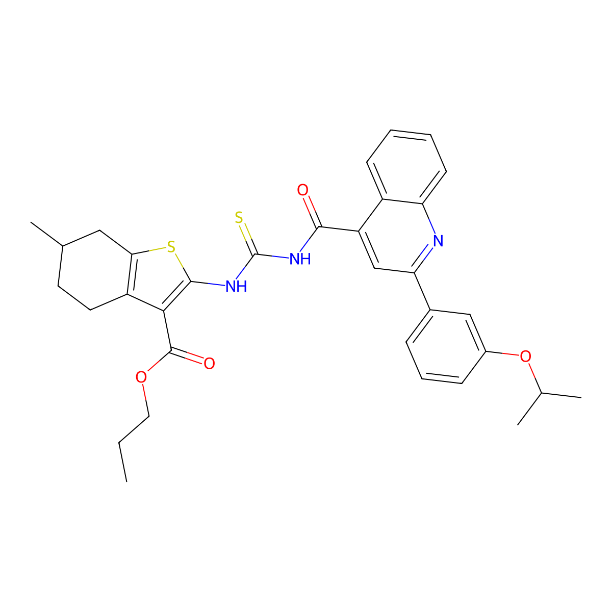 Propyl 2-{[({[2-(3-isopropoxyphenyl)-4-quinolinyl]carbonyl}amino)carbothioyl]amino}-6-methyl-4,5,6,7-tetrahydro-1-benzothiophene-3-carboxylate molecular structure, CAS 445237-88-7