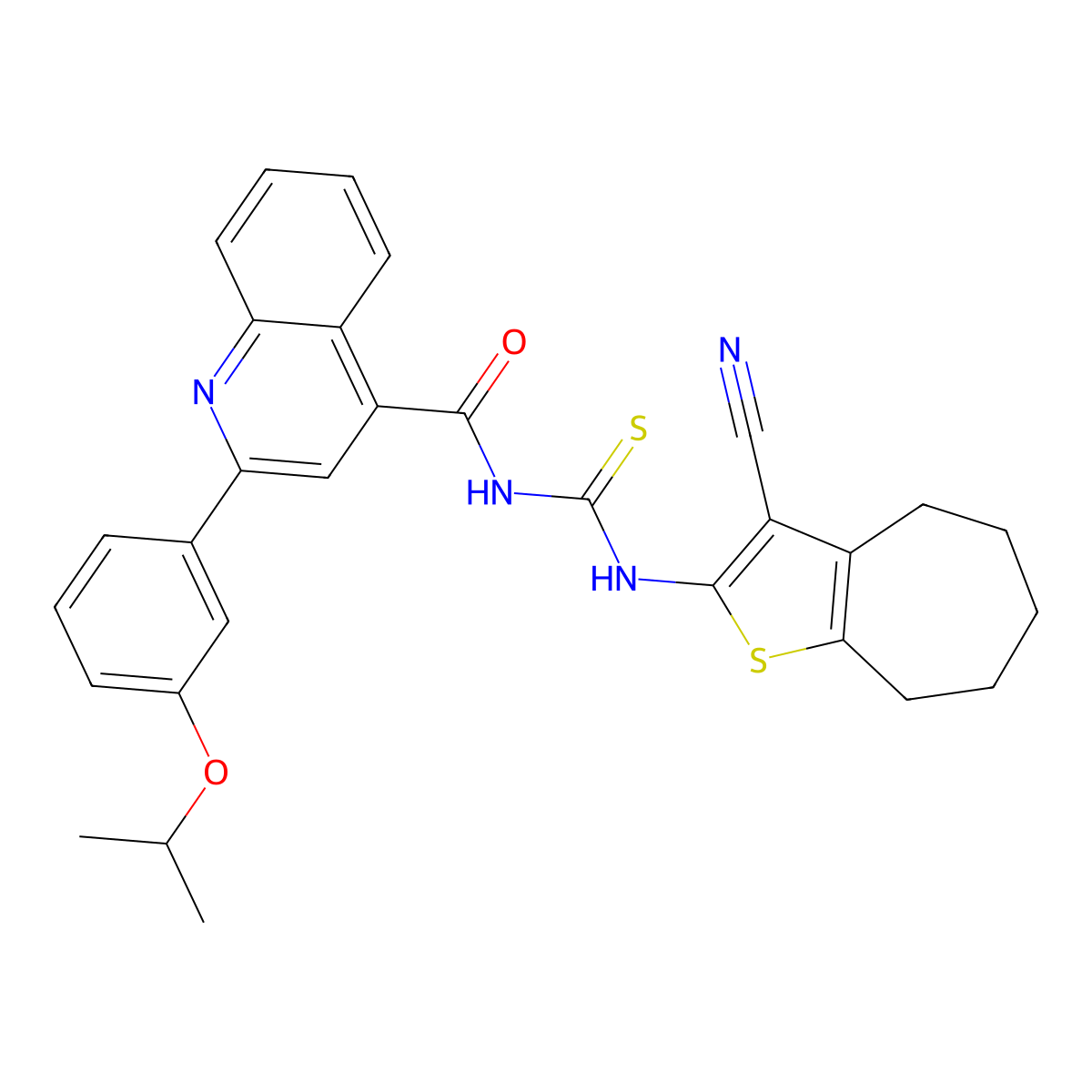 N-[(3-cyano-5,6,7,8-tetrahydro-4H-cyclohepta[b]thiophen-2-yl)carbamothioyl]-2-(3-propan-2-yloxyphenyl)quinoline-4-carboxamide molecular structure, CAS 445237-89-8
