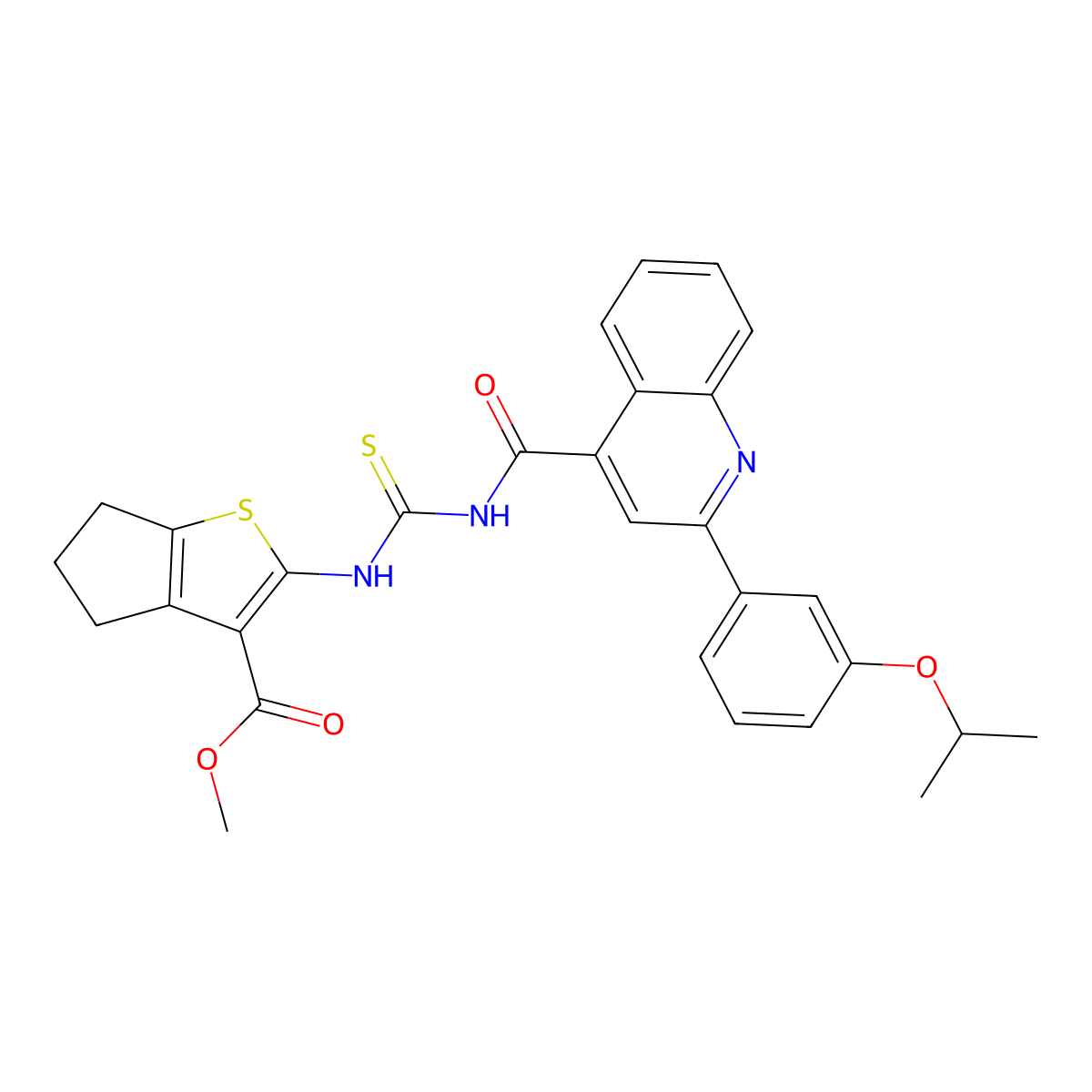 methyl 2-{[({[2-(3-isopropoxyphenyl)-4-quinolinyl]carbonyl}amino)carbothioyl]amino}-5,6-dihydro-4H-cyclopenta[b]thiophene-3-carboxylate molecular structure, CAS 445237-96-7