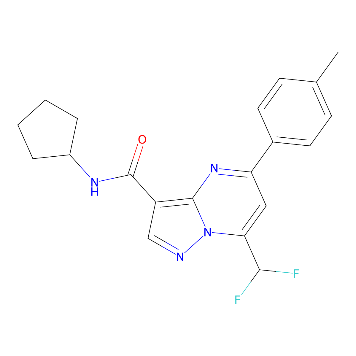 N-cyclopentyl-7-(difluoromethyl)-5-(4-methylphenyl)pyrazolo[1,5-a]pyrimidine-3-carboxamide molecular structure, CAS 445238-21-1
