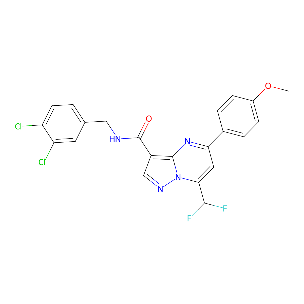 N-(3,4-dichlorobenzyl)-7-(difluoromethyl)-5-(4-methoxyphenyl)pyrazolo[1,5-a]pyrimidine-3-carboxamide molecular structure, CAS 445238-25-5