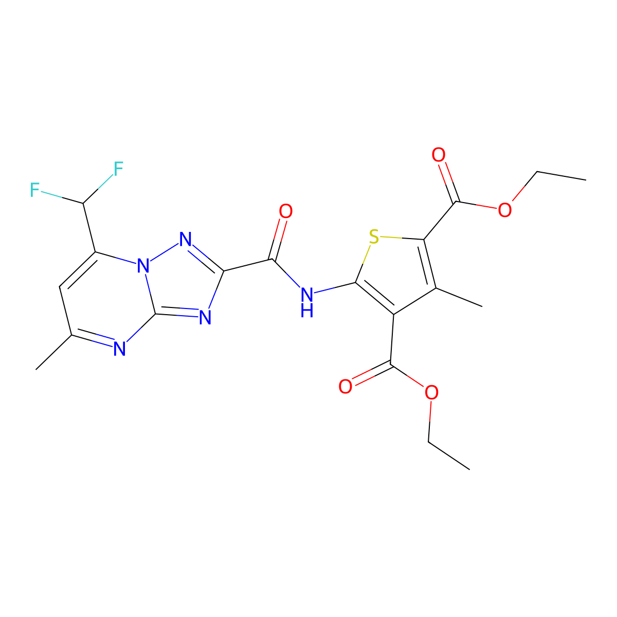 Diethyl 5-({[7-(difluoromethyl)-5-methyl[1,2,4]triazolo[1,5-a]pyrimidin-2-yl]carbonyl}amino)-3-methyl-2,4-thiophenedicarboxylate molecular structure, CAS 445238-31-3