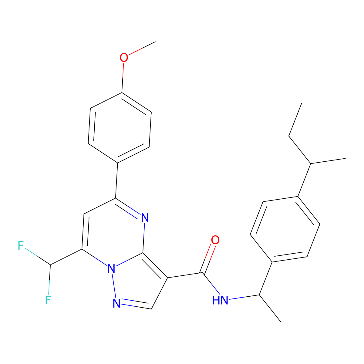 N-[1-(4-butan-2-ylphenyl)ethyl]-7-(difluoromethyl)-5-(4-methoxyphenyl)pyrazolo[1,5-a]pyrimidine-3-carboxamide molecular structure, CAS 445238-46-0