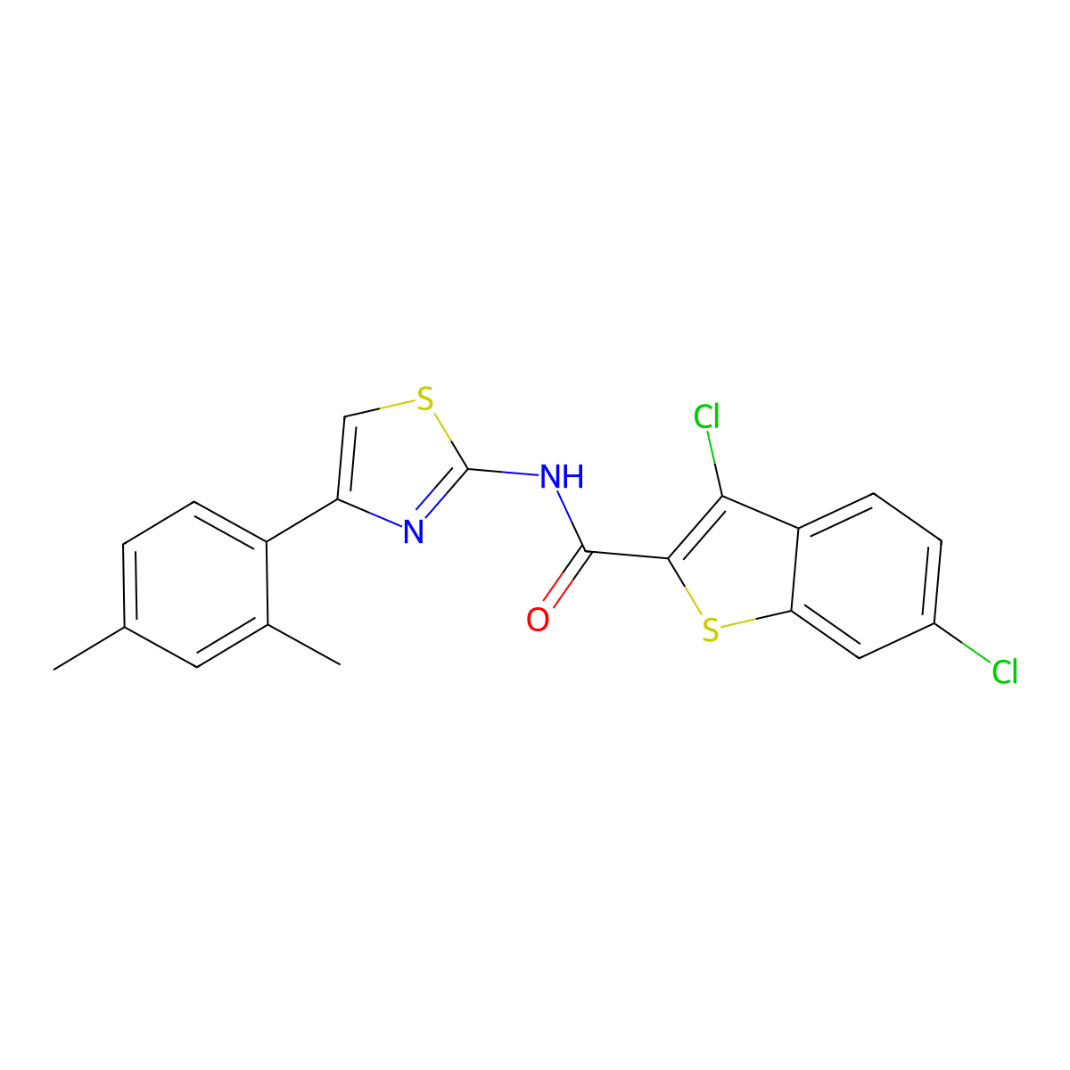 3,6-dichloro-N-[4-(2,4-dimethylphenyl)-1,3-thiazol-2-yl]-1-benzothiophene-2-carboxamide molecular structure, CAS 445238-70-0