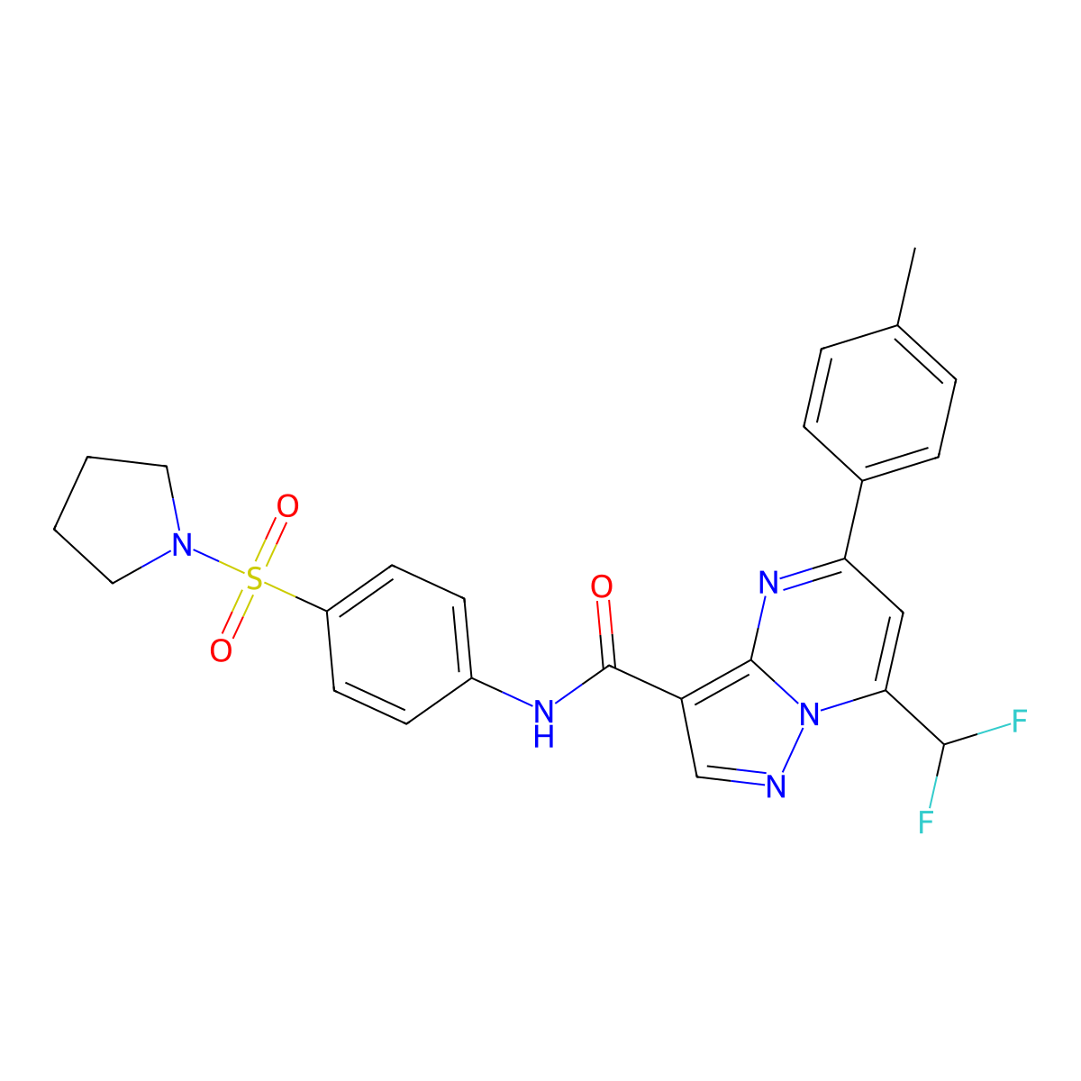7-(difluoromethyl)-5-(4-methylphenyl)-N-(4-pyrrolidin-1-ylsulfonylphenyl)pyrazolo[1,5-a]pyrimidine-3-carboxamide molecular structure, CAS 445238-74-4