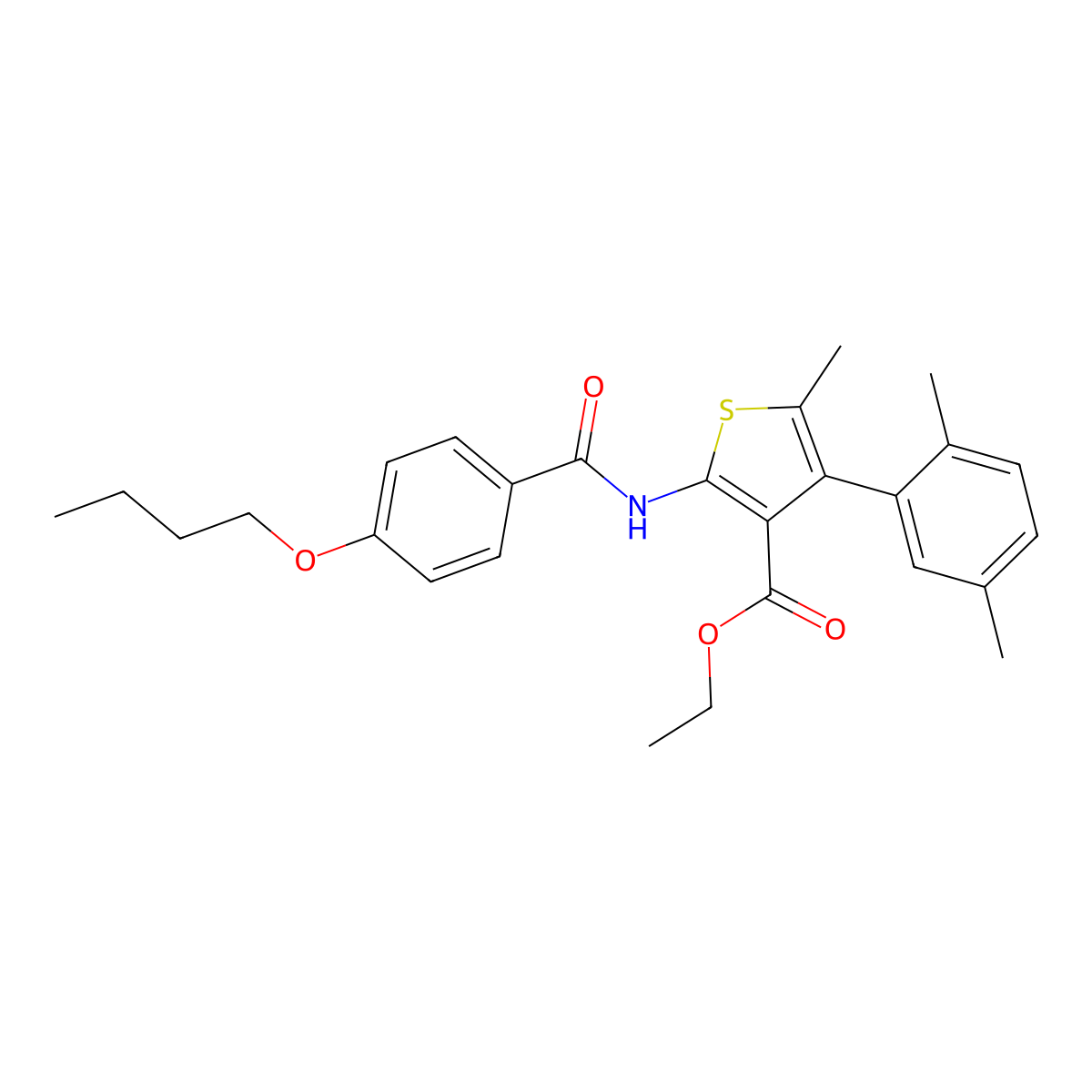 Ethyl 2-[(4-butoxybenzoyl)amino]-4-(2,5-dimethylphenyl)-5-methyl-3-thiophenecarboxylate molecular structure, CAS 445239-05-4