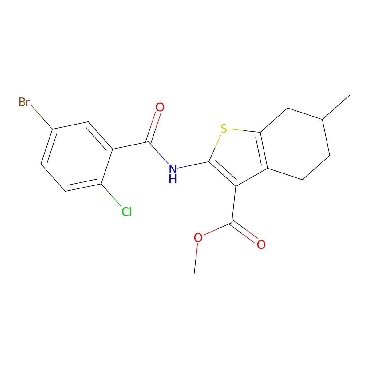 Methyl 2-[(5-bromo-2-chlorobenzoyl)amino]-6-methyl-4,5,6,7-tetrahydro-1-benzothiophene-3-carboxylate molecular structure, CAS 445239-41-8