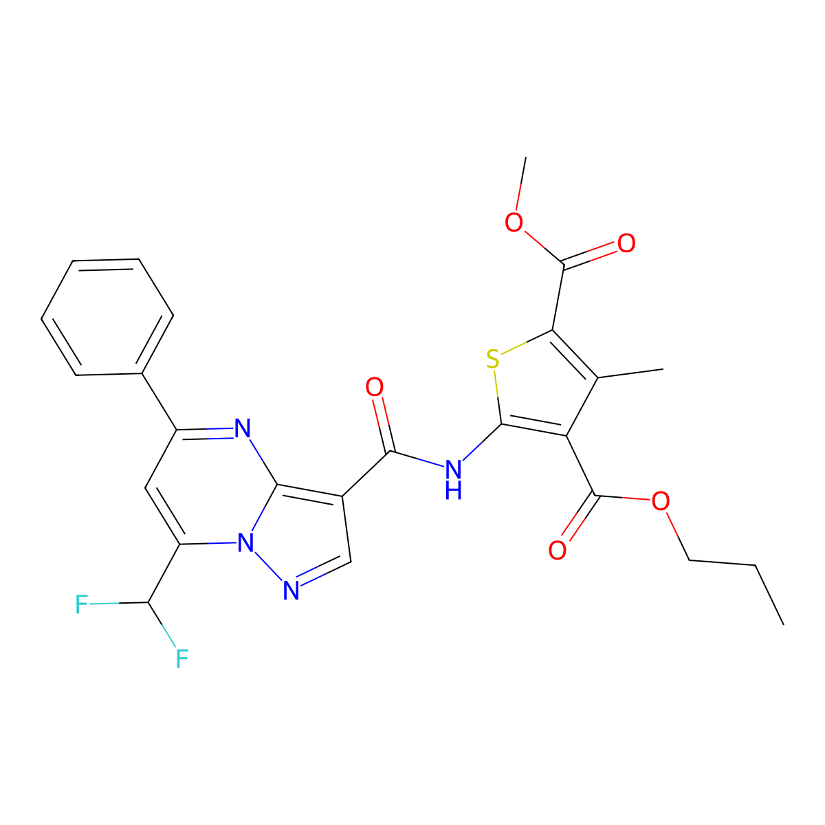 2-Methyl 4-propyl 5-({[7-(difluoromethyl)-5-phenylpyrazolo[1,5-a]pyrimidin-3-yl]carbonyl}amino)-3-methyl-2,4-thiophenedicarboxylate molecular structure, CAS 445239-49-6