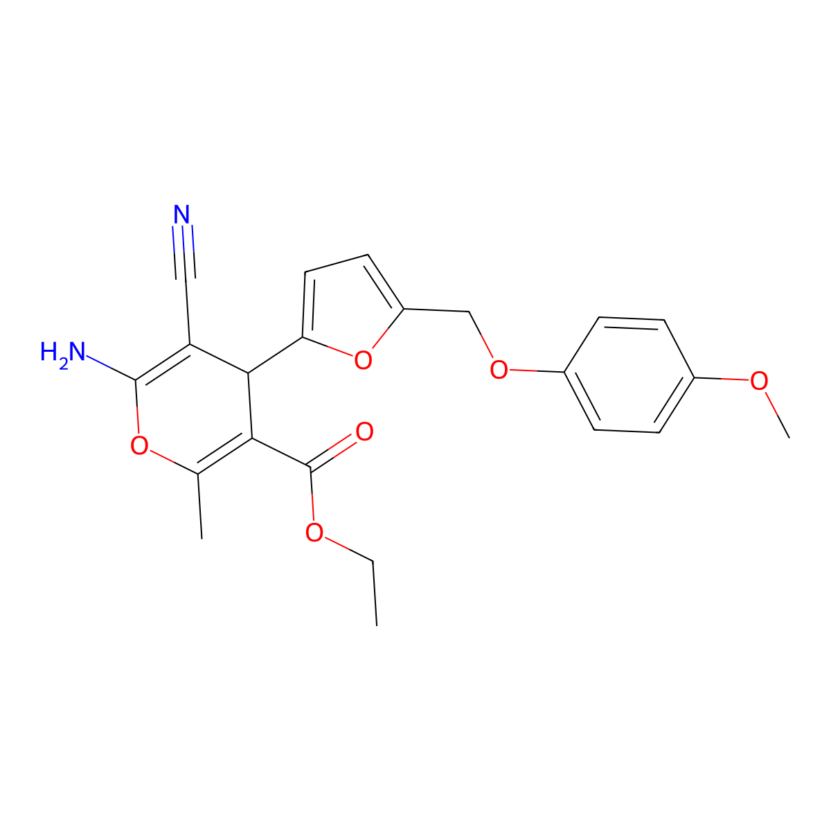 ethyl 6-amino-5-cyano-4-{5-[(4-methoxyphenoxy)methyl]-2-furyl}-2-methyl-4H-pyran-3-carboxylate molecular structure, CAS 445239-67-8