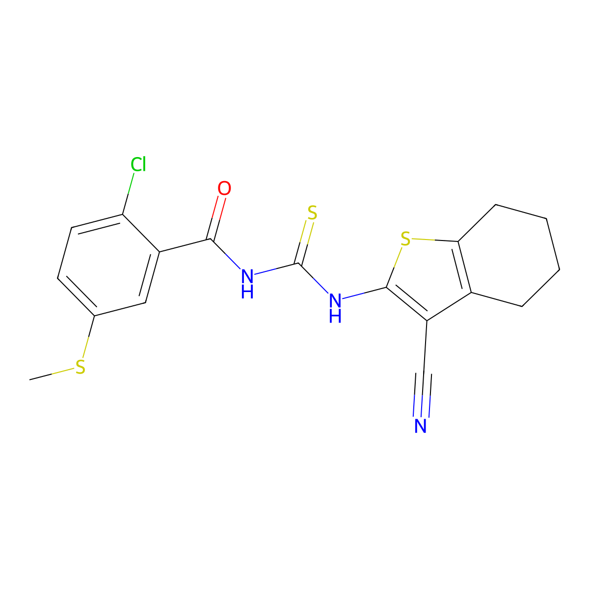 2-chloro-N-[(3-cyano-4,5,6,7-tetrahydro-1-benzothiophen-2-yl)carbamothioyl]-5-methylsulfanylbenzamide molecular structure, CAS 445239-71-4