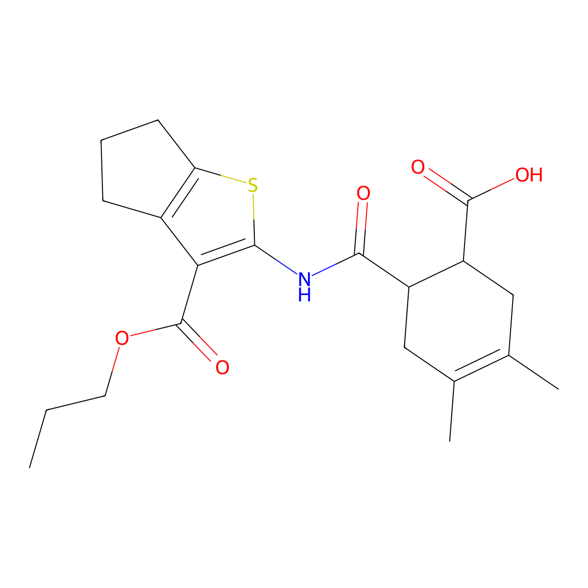 3,4-dimethyl-6-{[3-(propoxycarbonyl)-5,6-dihydro-4H-cyclopenta[b]thiophen-2-yl]carbamoyl}cyclohex-3-ene-1-carboxylic acid molecular structure, CAS 445239-80-5