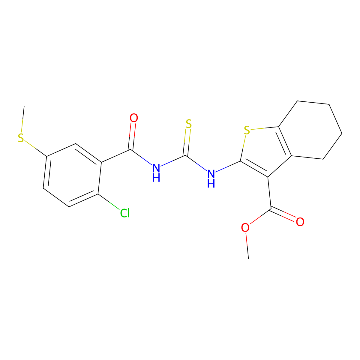 Methyl 2-[(2-chloro-5-methylsulfanylbenzoyl)carbamothioylamino]-4,5,6,7-tetrahydro-1-benzothiophene-3-carboxylate molecular structure, CAS 445239-82-7