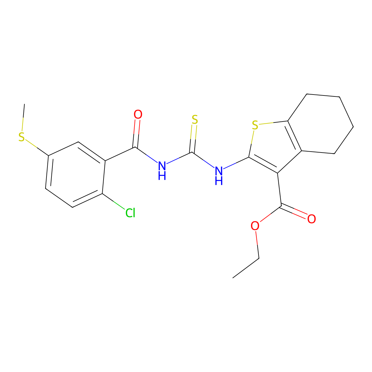 Ethyl 2-[({[2-chloro-5-(methylsulfanyl)benzoyl]amino}carbothioyl)amino]-4,5,6,7-tetrahydro-1-benzothiophene-3-carboxylate molecular structure, CAS 445239-85-0