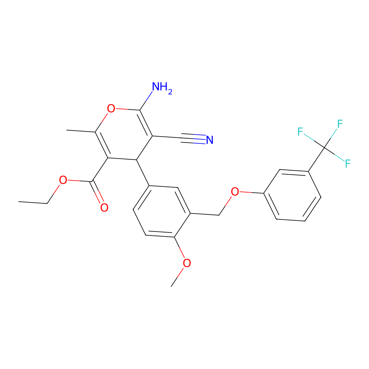 ethyl 6-amino-5-cyano-4-(4-methoxy-3-{[3-(trifluoromethyl)phenoxy]methyl}phenyl)-2-methyl-4H-pyran-3-carboxylate molecular structure, CAS 445240-25-5