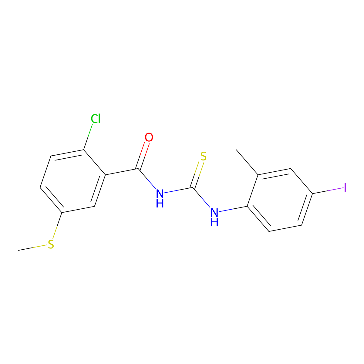 2-chloro-N-[(4-iodo-2-methylphenyl)carbamothioyl]-5-methylsulfanylbenzamide molecular structure, CAS 445240-52-8