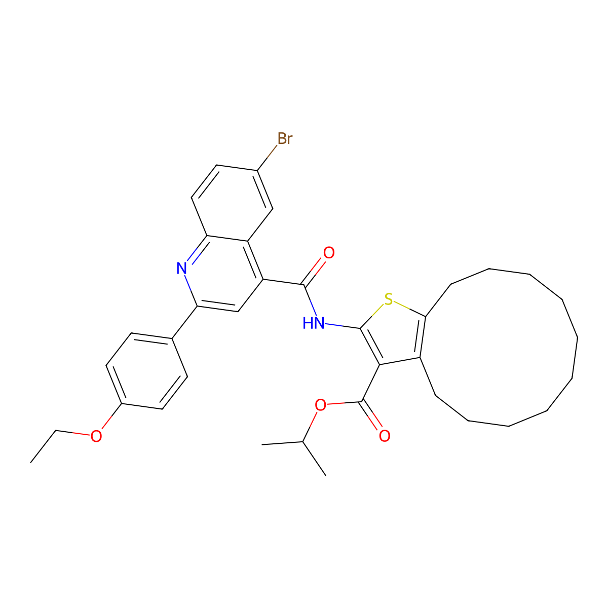 Isopropyl 2-({[6-bromo-2-(4-ethoxyphenyl)-4-quinolinyl]carbonyl}amino)-4,5,6,7,8,9,10,11,12,13-decahydrocyclododeca[b]thiophene-3-carboxylate molecular structure, CAS 445241-96-3