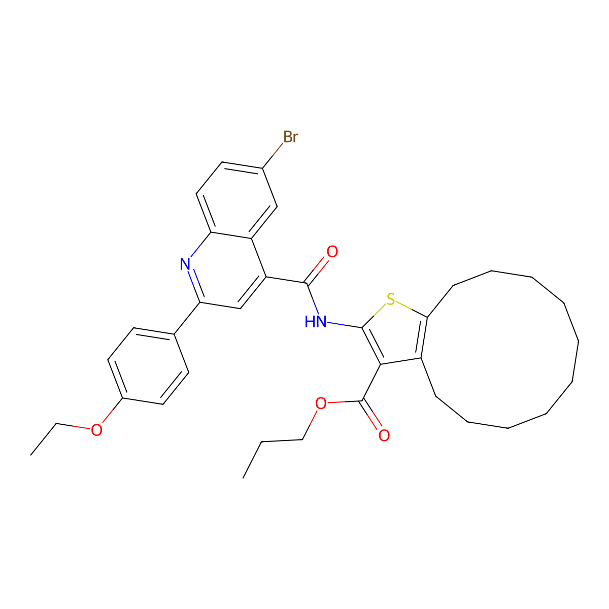 Propyl 2-({[6-bromo-2-(4-ethoxyphenyl)-4-quinolinyl]carbonyl}amino)-4,5,6,7,8,9,10,11,12,13-decahydrocyclododeca[b]thiophene-3-carboxylate molecular structure, CAS 445241-97-4