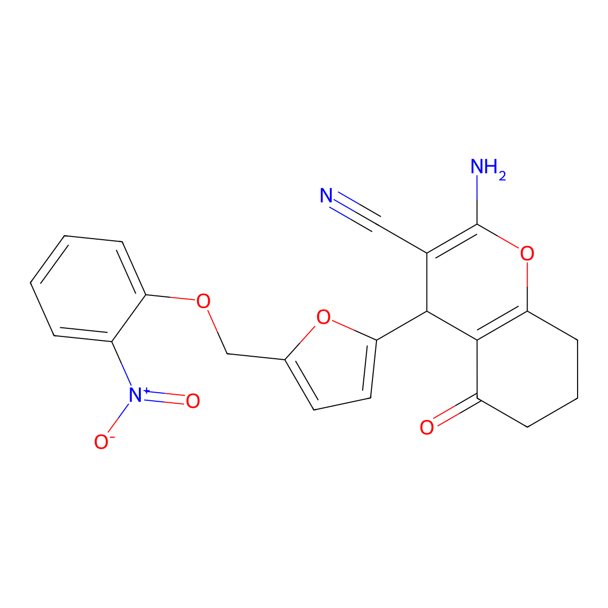2-Amino-4-[5-[(2-nitrophenoxy)methyl]furan-2-yl]-5-oxo-4,6,7,8-tetrahydrochromene-3-carbonitrile molecular structure, CAS 445242-24-0