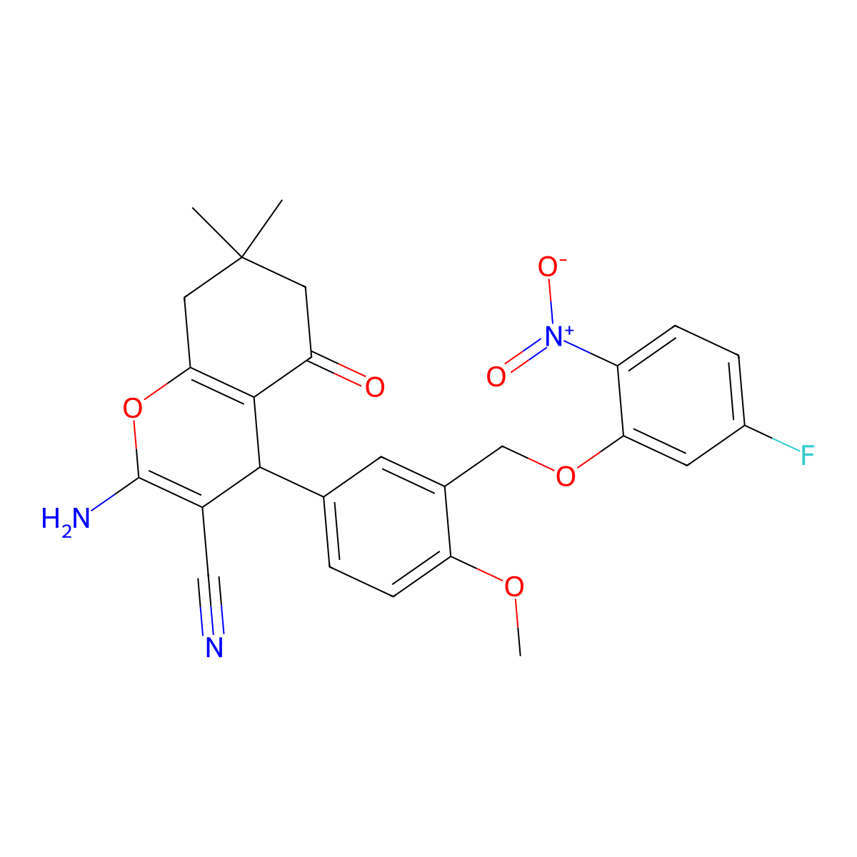 2-amino-4-[3-[(5-fluoro-2-nitrophenoxy)methyl]-4-methoxyphenyl]-7,7-dimethyl-5-oxo-6,8-dihydro-4H-chromene-3-carbonitrile molecular structure, CAS 445242-52-4