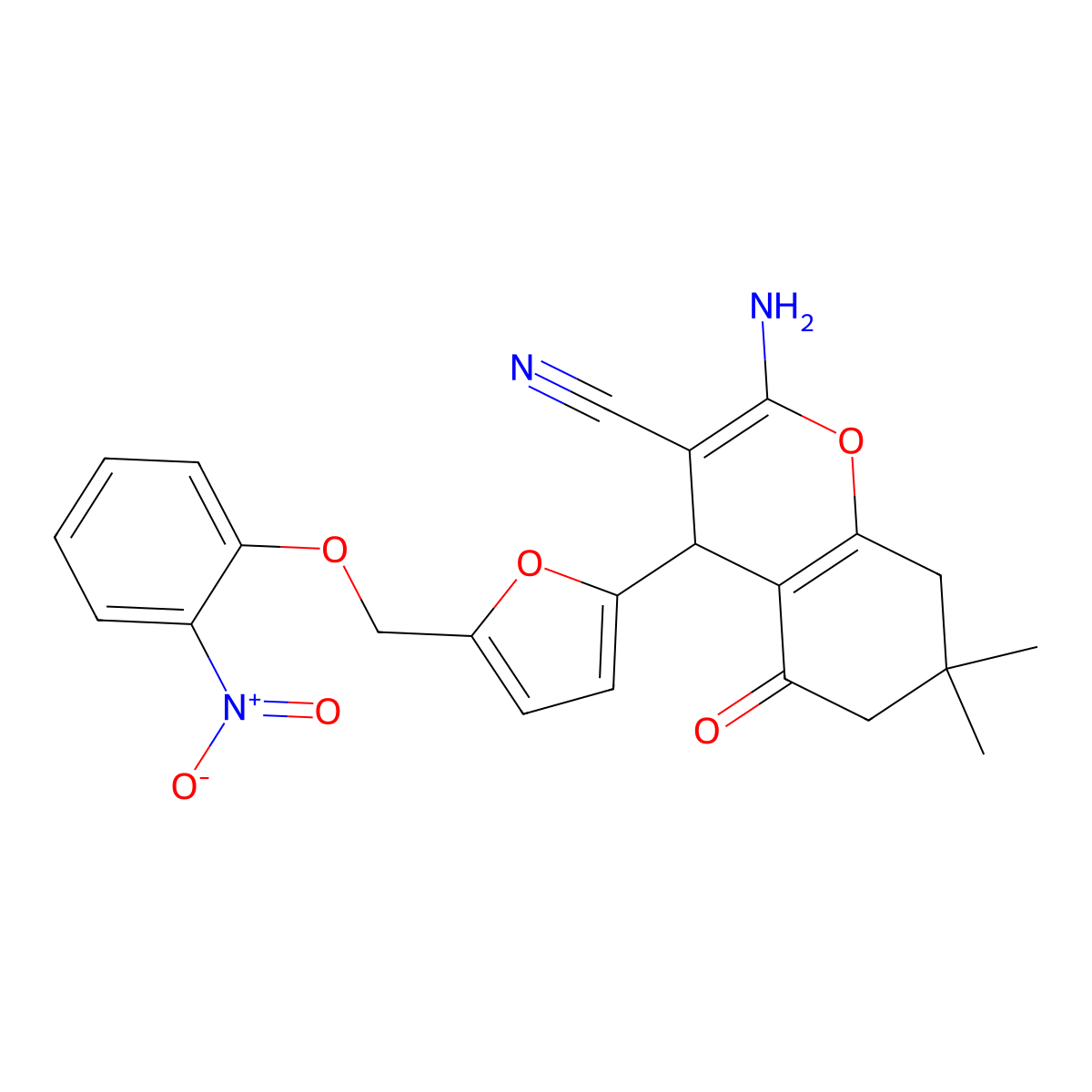 2-amino-7,7-dimethyl-4-[5-[(2-nitrophenoxy)methyl]furan-2-yl]-5-oxo-6,8-dihydro-4H-chromene-3-carbonitrile molecular structure, CAS 445242-57-9