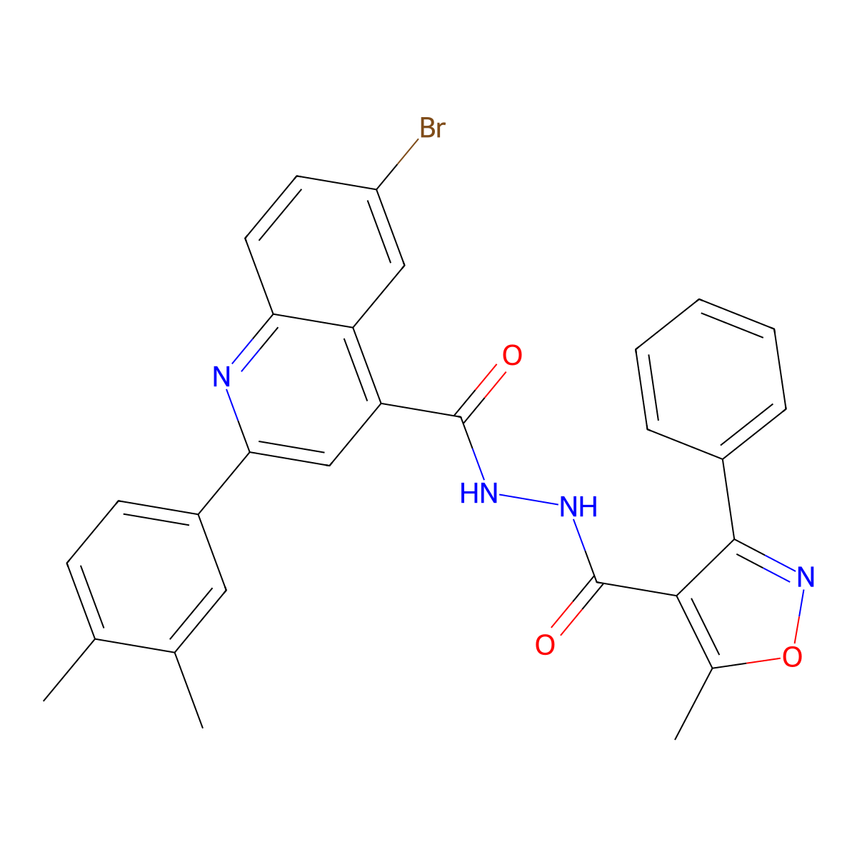 N'-[6-bromo-2-(3,4-dimethylphenyl)quinoline-4-carbonyl]-5-methyl-3-phenyl-1,2-oxazole-4-carbohydrazide molecular structure, CAS 445242-91-1