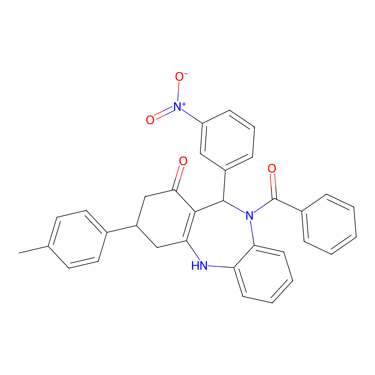 5-benzoyl-9-(4-methylphenyl)-6-(3-nitrophenyl)-8,9,10,11-tetrahydro-6H-benzo[b][1,4]benzodiazepin-7-one molecular structure, CAS 445243-70-9
