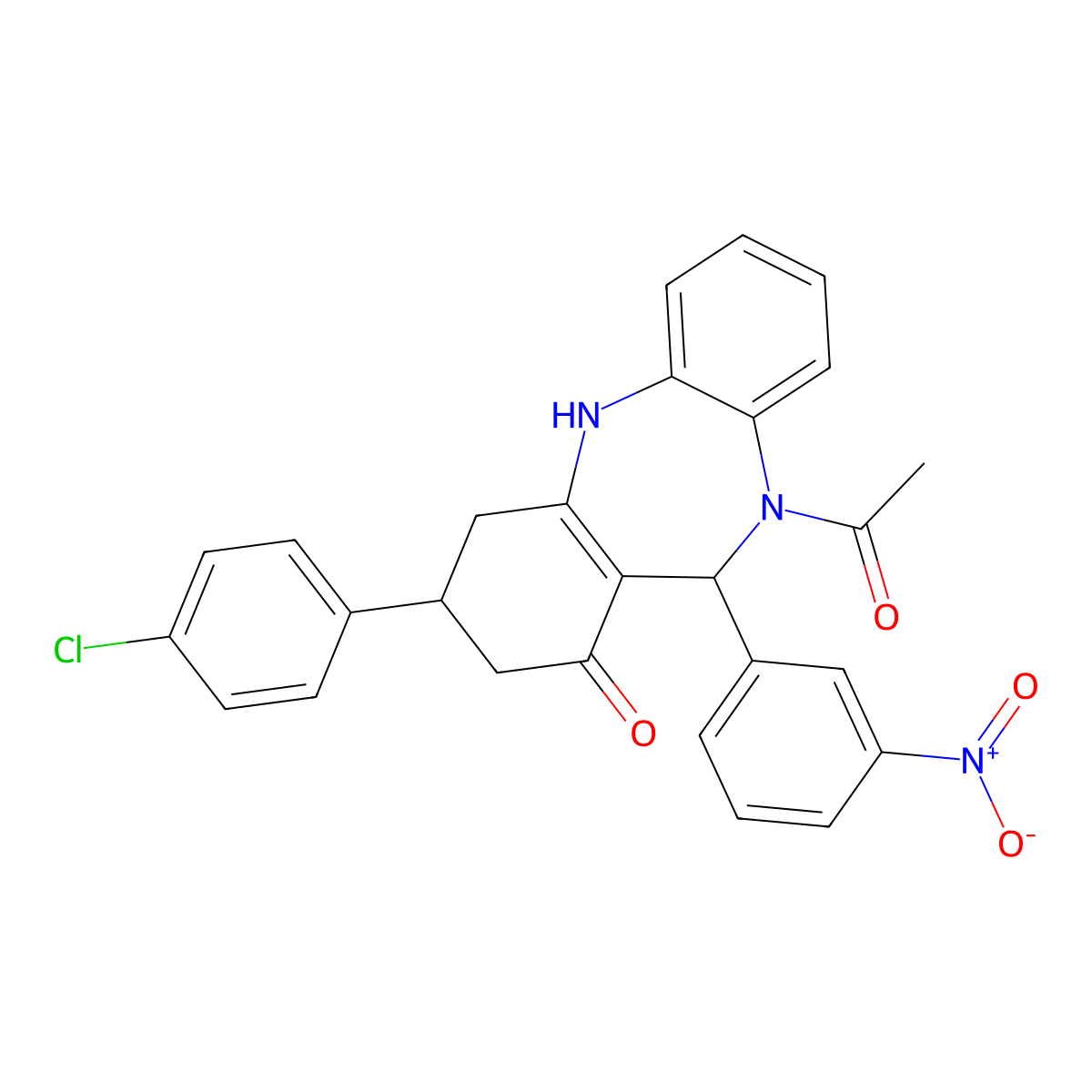 5-acetyl-9-(4-chlorophenyl)-6-(3-nitrophenyl)-8,9,10,11-tetrahydro-6H-benzo[b][1,4]benzodiazepin-7-one molecular structure, CAS 445243-71-0