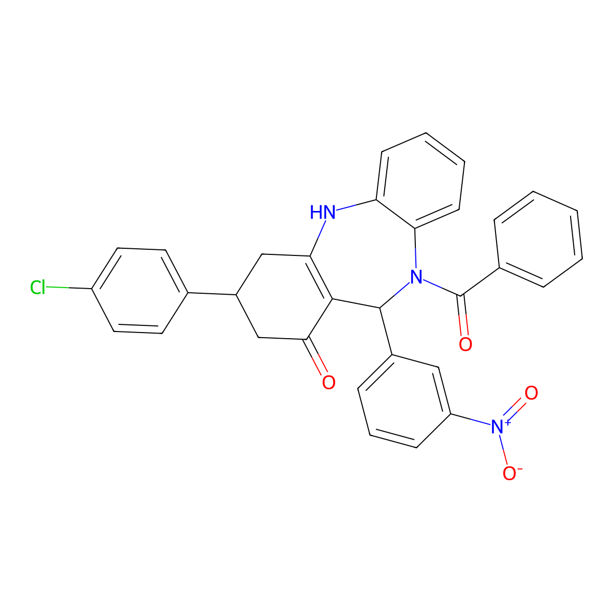 5-benzoyl-9-(4-chlorophenyl)-6-(3-nitrophenyl)-8,9,10,11-tetrahydro-6H-benzo[b][1,4]benzodiazepin-7-one molecular structure, CAS 445243-73-2