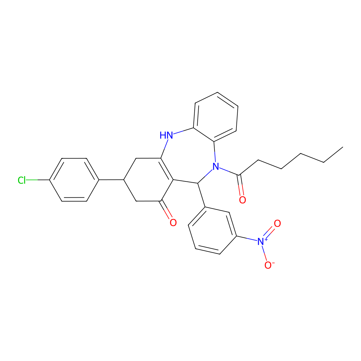 9-(4-chlorophenyl)-5-hexanoyl-6-(3-nitrophenyl)-8,9,10,11-tetrahydro-6H-benzo[b][1,4]benzodiazepin-7-one molecular structure, CAS 445243-94-7