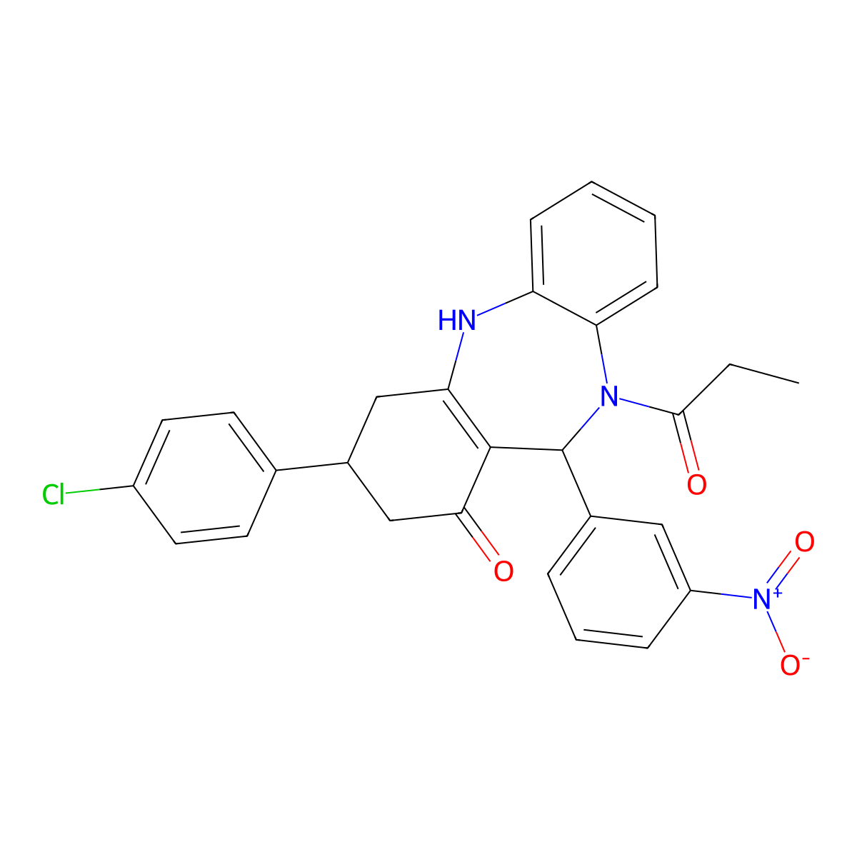 9-(4-chlorophenyl)-6-(3-nitrophenyl)-5-propanoyl-8,9,10,11-tetrahydro-6H-benzo[b][1,4]benzodiazepin-7-one molecular structure, CAS 445243-95-8
