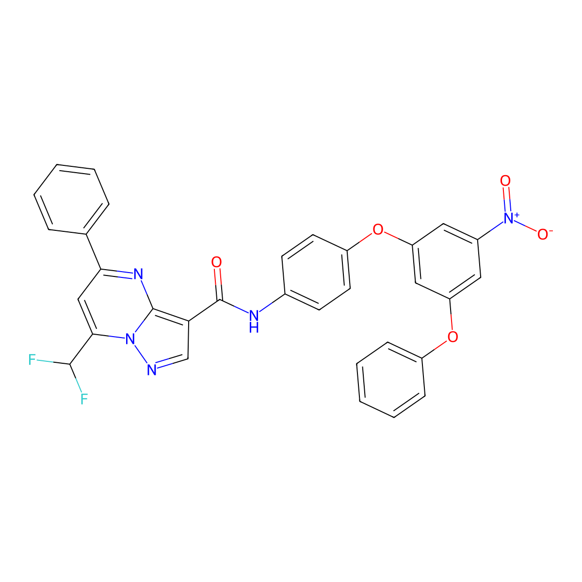 7-(difluoromethyl)-N-[4-(3-nitro-5-phenoxyphenoxy)phenyl]-5-phenylpyrazolo[1,5-a]pyrimidine-3-carboxamide molecular structure, CAS 445245-44-3