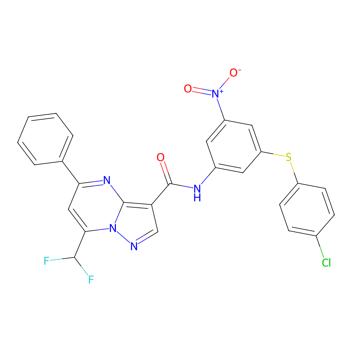 N-{3-[(4-chlorophenyl)sulfanyl]-5-nitrophenyl}-7-(difluoromethyl)-5-phenylpyrazolo[1,5-a]pyrimidine-3-carboxamide molecular structure, CAS 445245-50-1