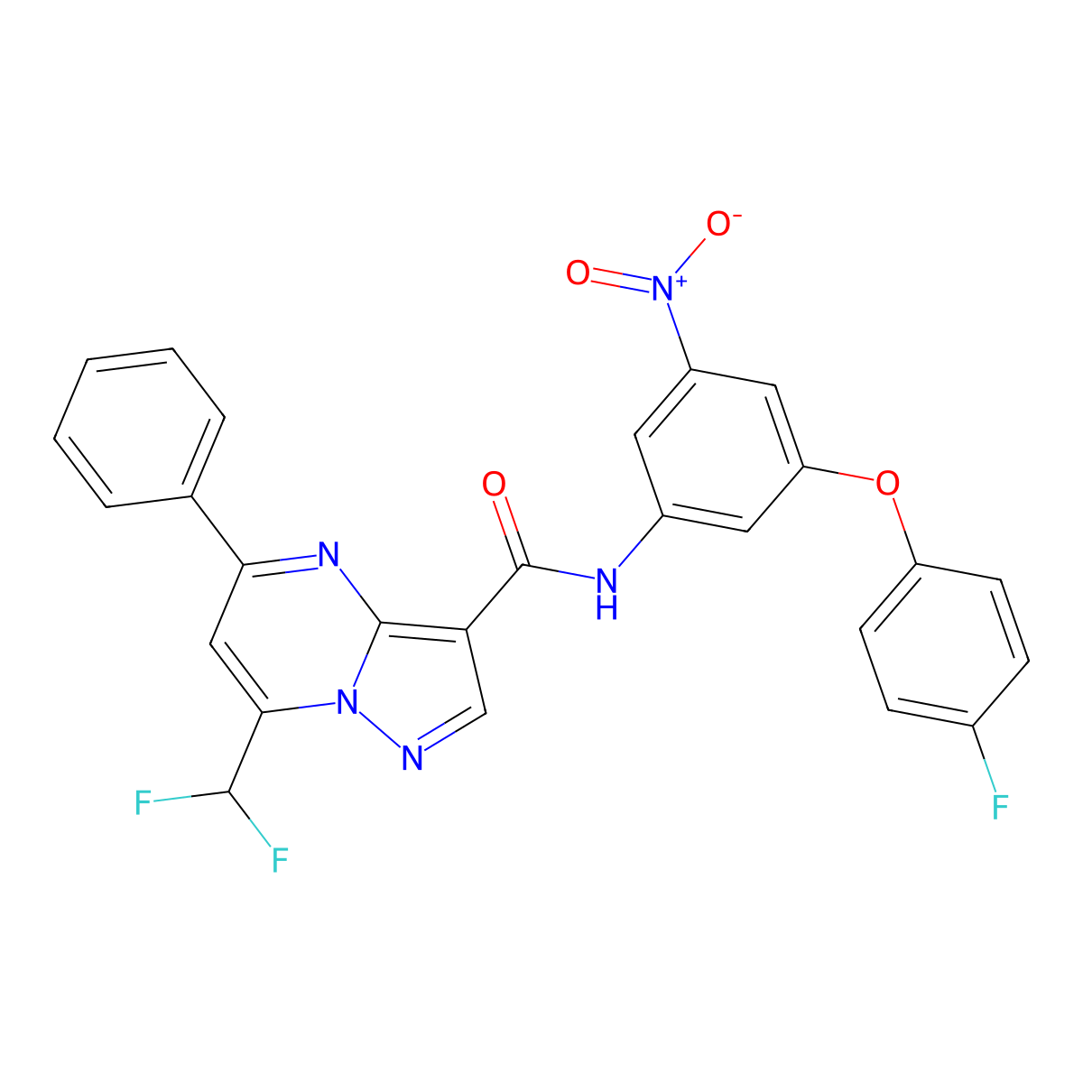 7-(difluoromethyl)-N-[3-(4-fluorophenoxy)-5-nitrophenyl]-5-phenylpyrazolo[1,5-a]pyrimidine-3-carboxamide molecular structure, CAS 445245-57-8
