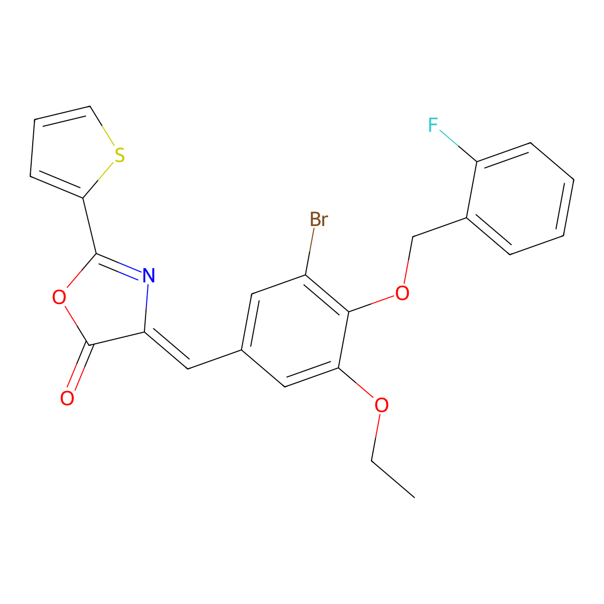 (4Z)-4-[[3-bromo-5-ethoxy-4-[(2-fluorophenyl)methoxy]phenyl]methylidene]-2-thiophen-2-yl-1,3-oxazol-5-one molecular structure, CAS 445250-00-0
