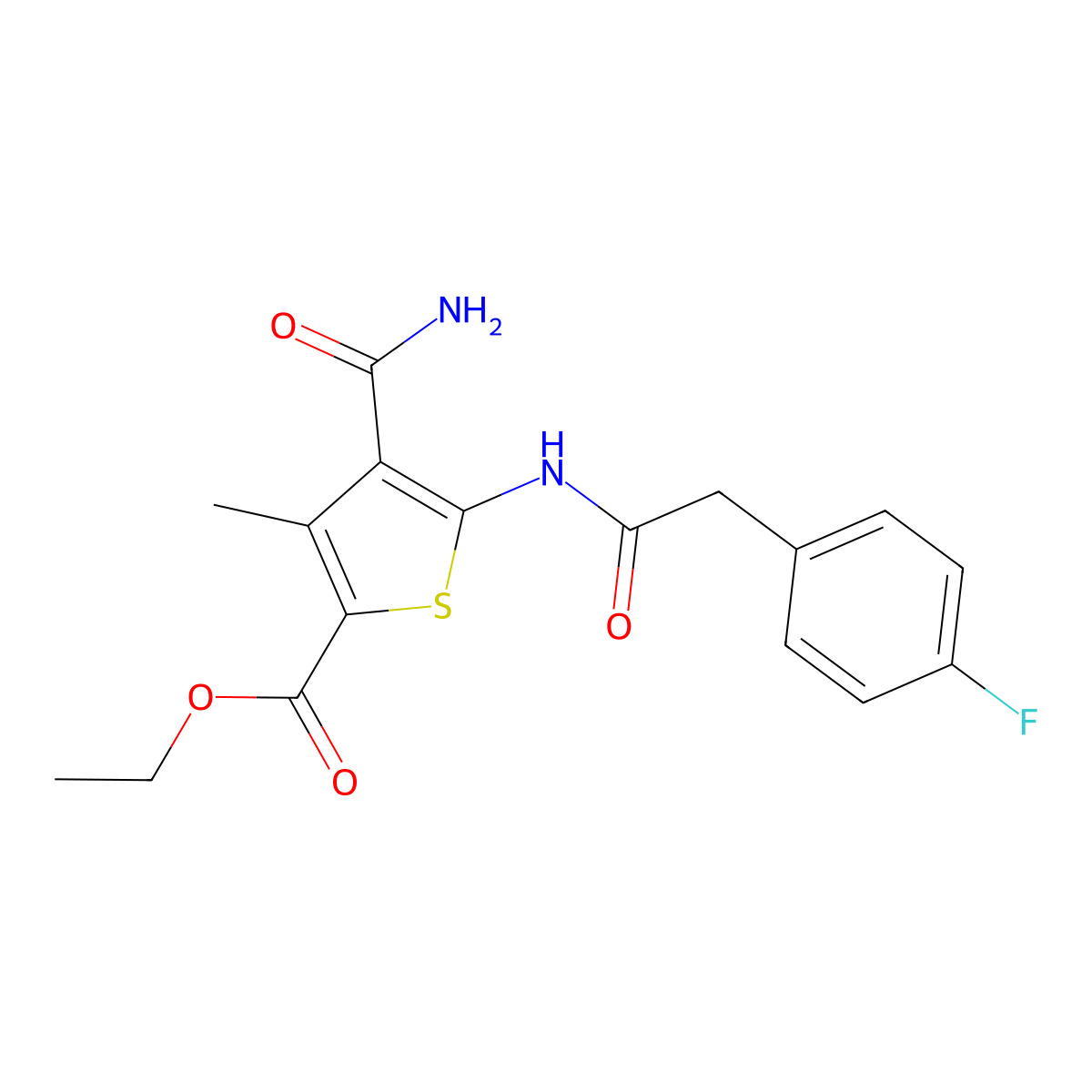 Ethyl 4-carbamoyl-5-(2-(4-fluorophenyl)acetamido)-3-methylthiophene-2-carboxylate molecular structure, CAS 445251-34-3