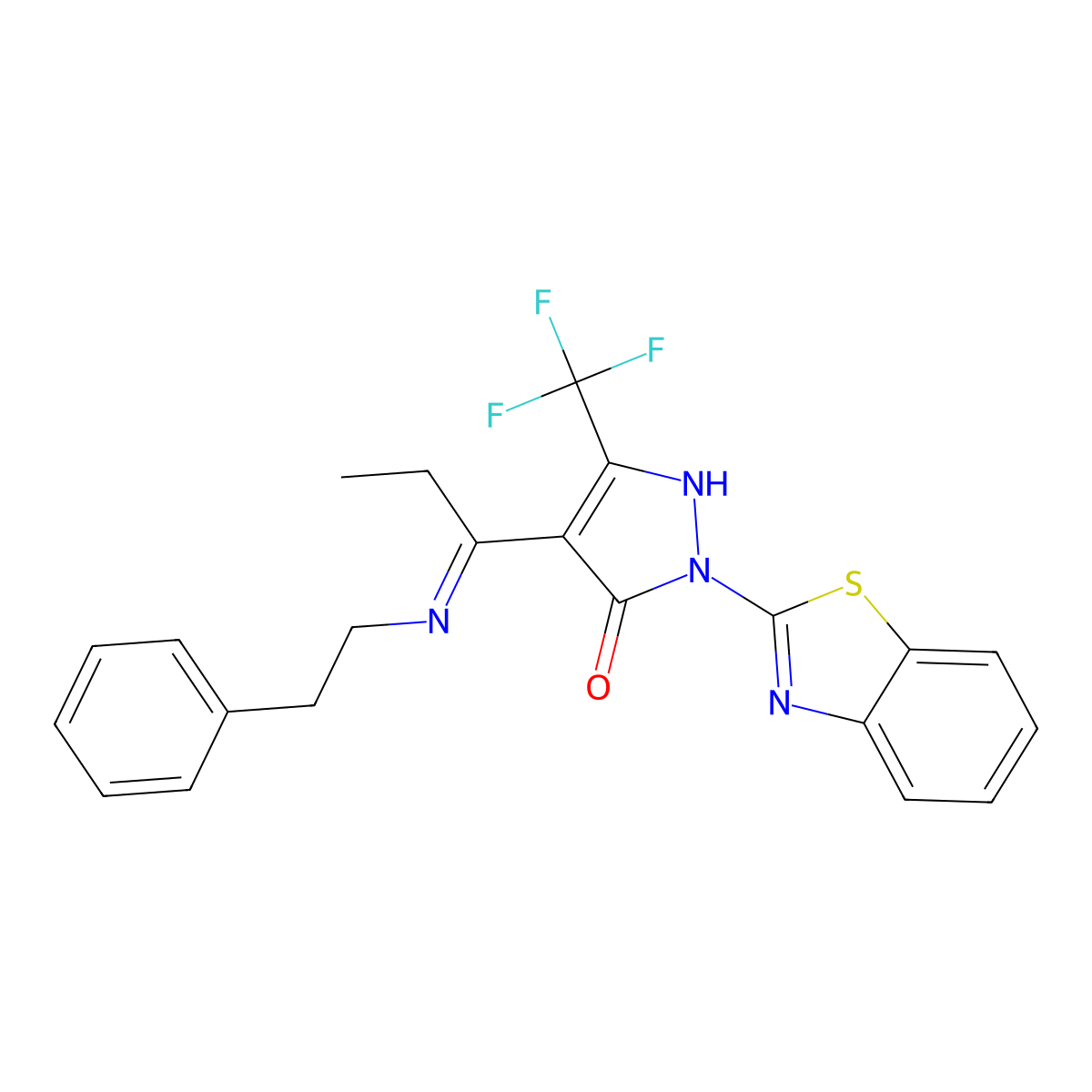 2-(1,3-benzothiazol-2-yl)-4-{1-[(2-phenylethyl)amino]propylidene}-5-(trifluoromethyl)-2,4-dihydro-3H-pyrazol-3-one molecular structure, CAS 445254-31-9