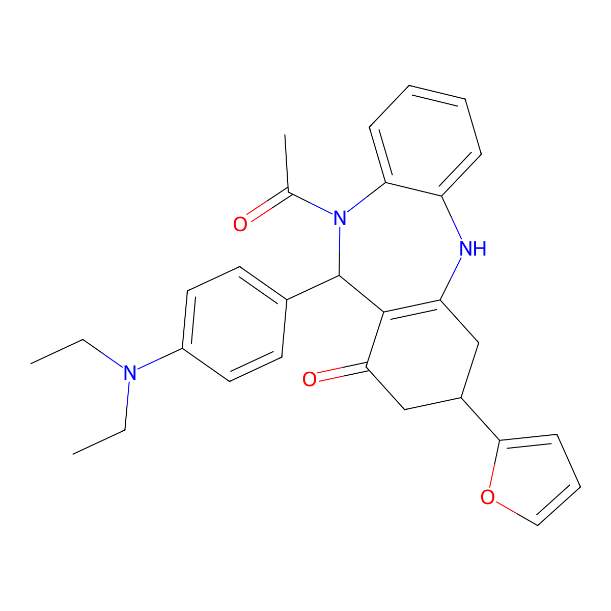 5-acetyl-6-[4-(diethylamino)phenyl]-9-(furan-2-yl)-8,9,10,11-tetrahydro-6H-benzo[b][1,4]benzodiazepin-7-one molecular structure, CAS 445254-97-7