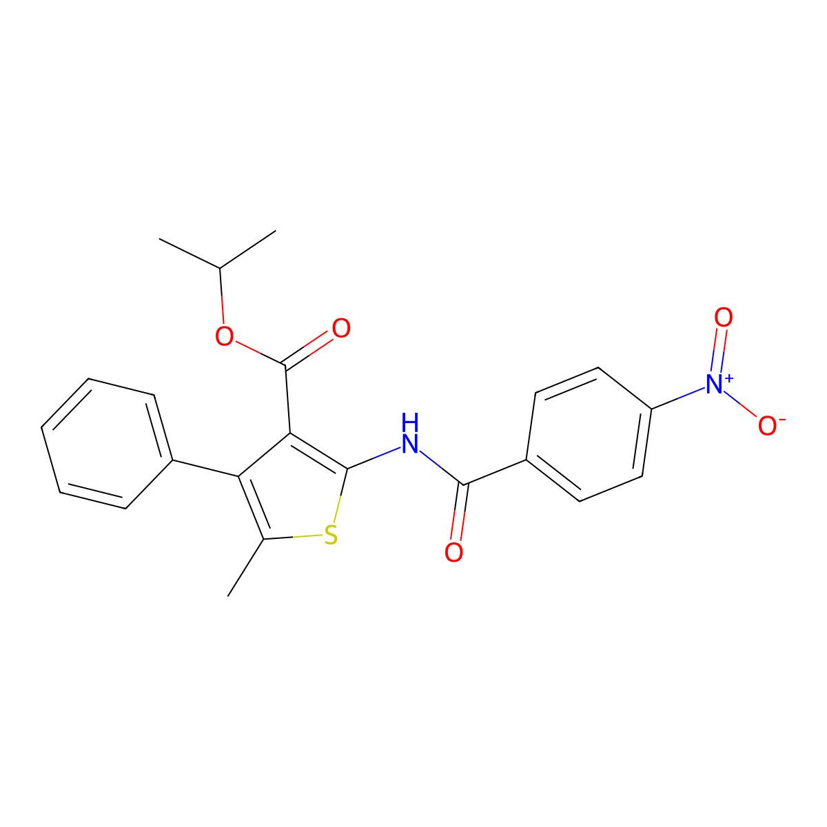 Isopropyl 2-({4-nitrobenzoyl}amino)-5-methyl-4-phenyl-3-thiophenecarboxylate molecular structure, CAS 445258-33-3