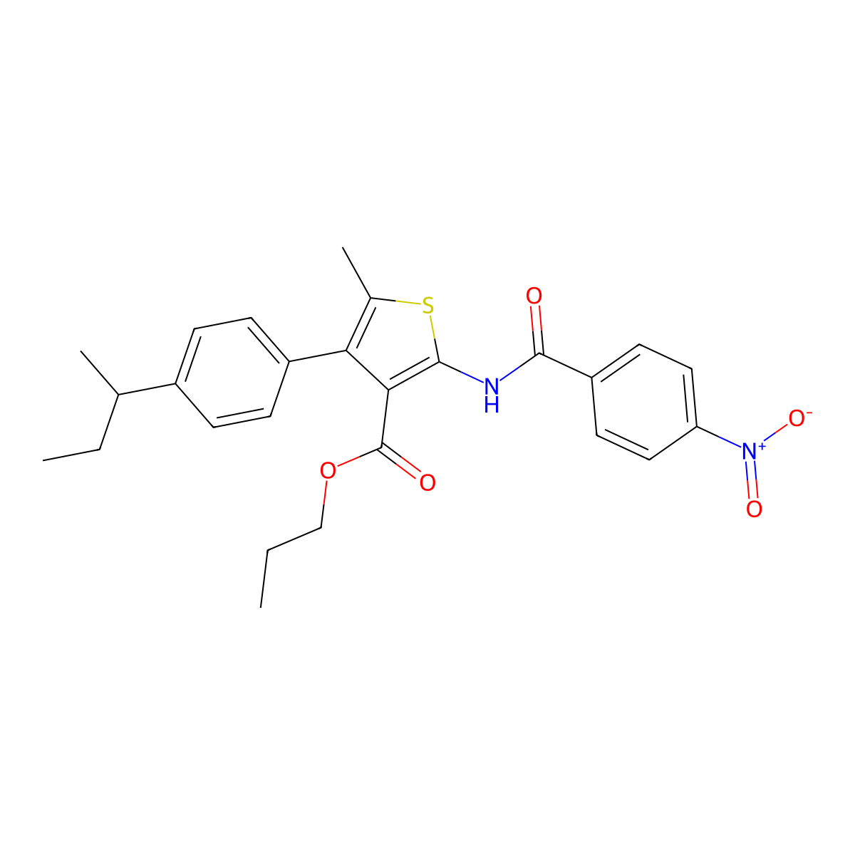 Propyl 4-(4-sec-butylphenyl)-2-({4-nitrobenzoyl}amino)-5-methyl-3-thiophenecarboxylate molecular structure, CAS 445258-48-0