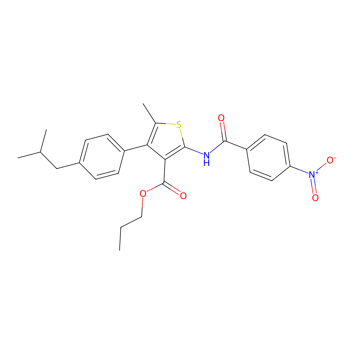 Propyl 2-({4-nitrobenzoyl}amino)-4-(4-isobutylphenyl)-5-methyl-3-thiophenecarboxylate molecular structure, CAS 445258-58-2