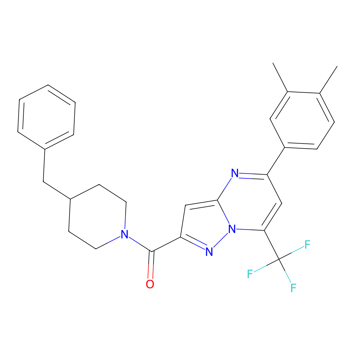 (4-Benzylpiperidin-1-yl)-[5-(3,4-dimethylphenyl)-7-(trifluoromethyl)pyrazolo[1,5-a]pyrimidin-2-yl]methanone molecular structure, CAS 445259-58-5